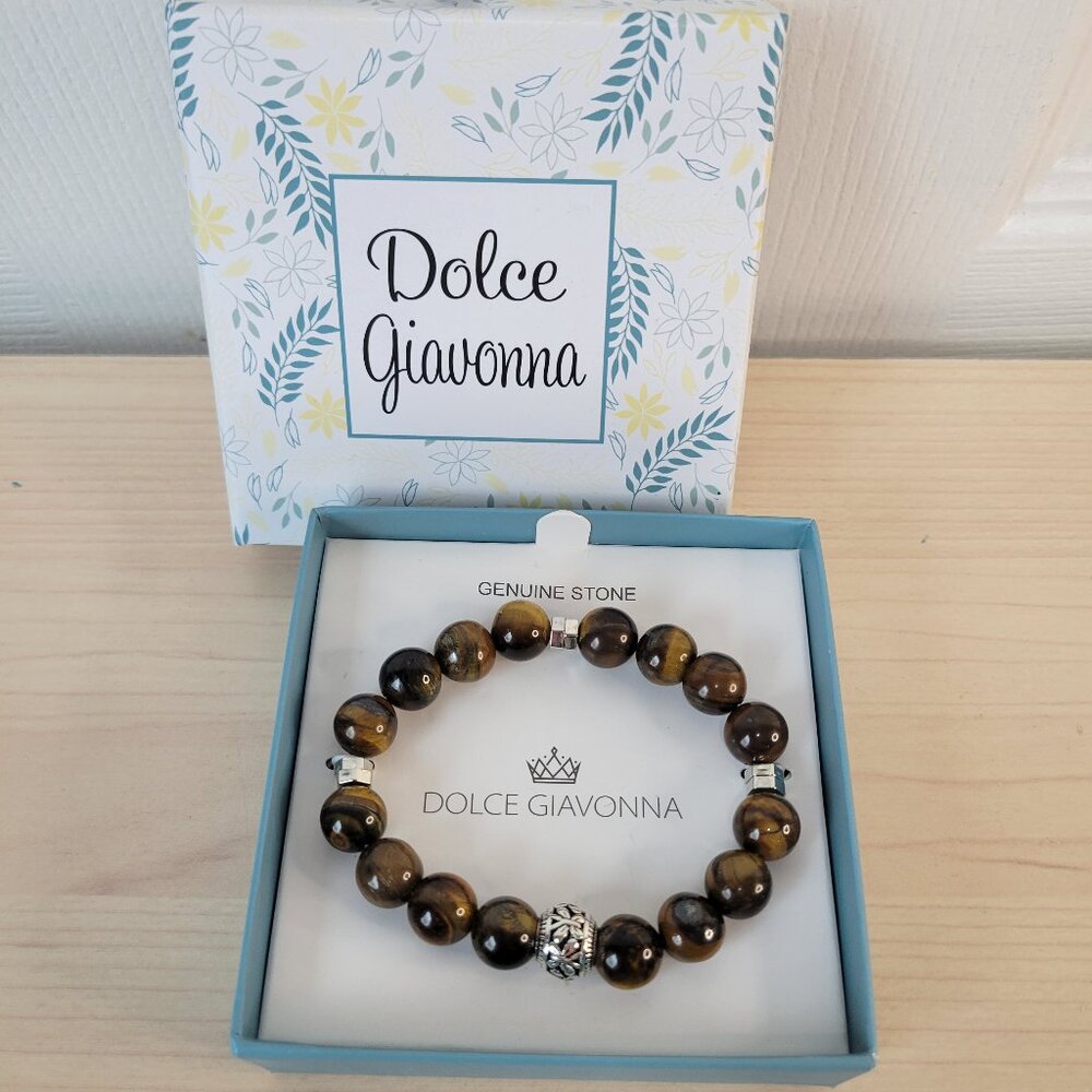 DOLCE GIAVONNA Genuine Stone Tiger's Eye Beaded Bracelet w/ Silver Accents NEW